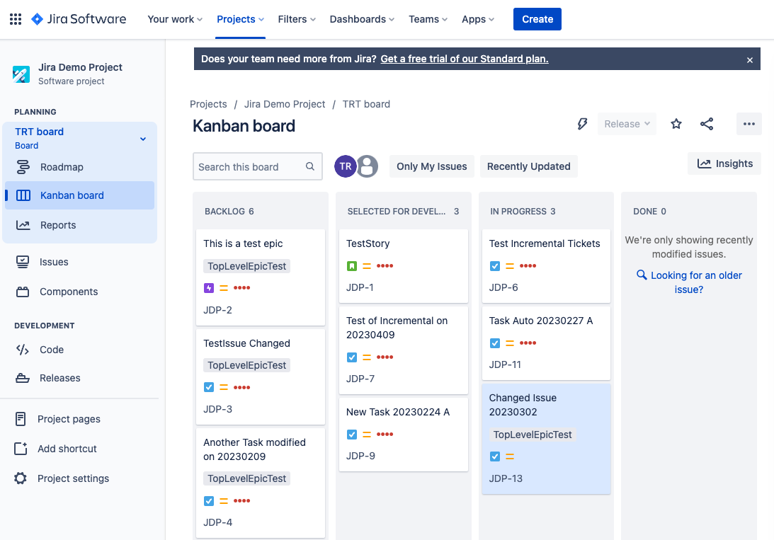 An image show a Jira Cloud example, with several issues arranged in a Kansan board.