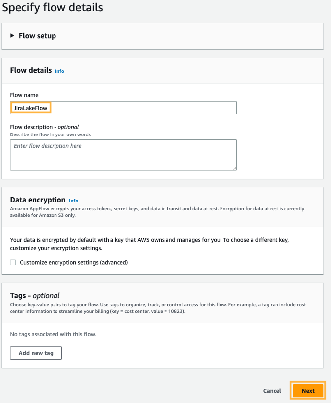 The Amazon AppFlow Jira connector configuration, showing the Flow name set to "JiraLakeFlow" and clicking the "next" button.