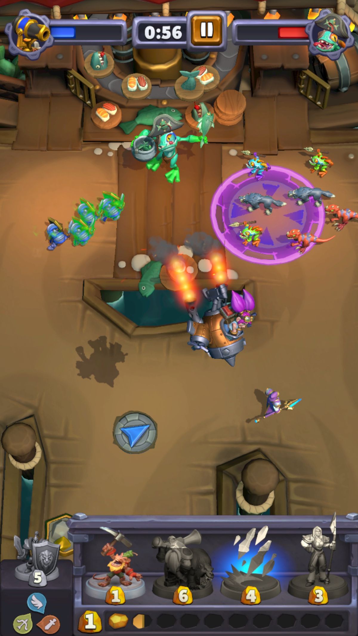Gameplay from Warcraft Rumble, showing the player engaged in a battle using the hero Jaina Proudmoore against a sea of Murlocs.