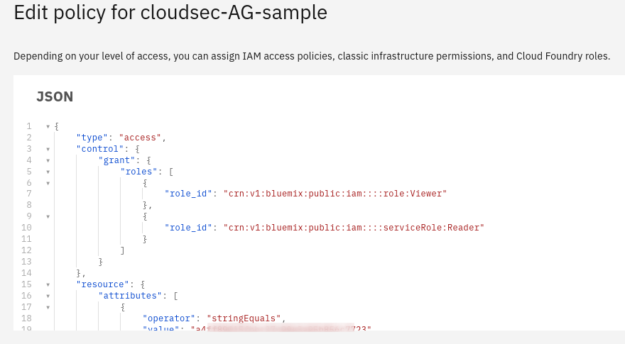 Partial JSON object for an IBM Cloud IAM access policy.