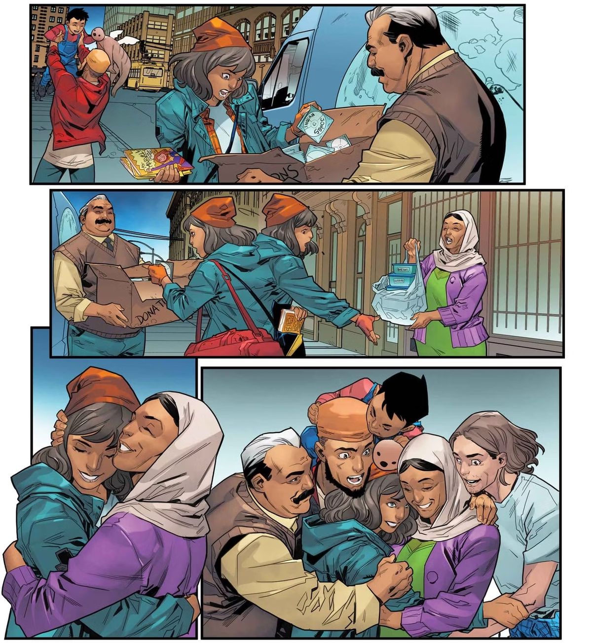 An unlettered page from Ms. Marvel: The New Mutant #1, feature panels of Kamala’s family (and Bruno) happily handing her boxes and bags of donated food and doing a big group hug. 