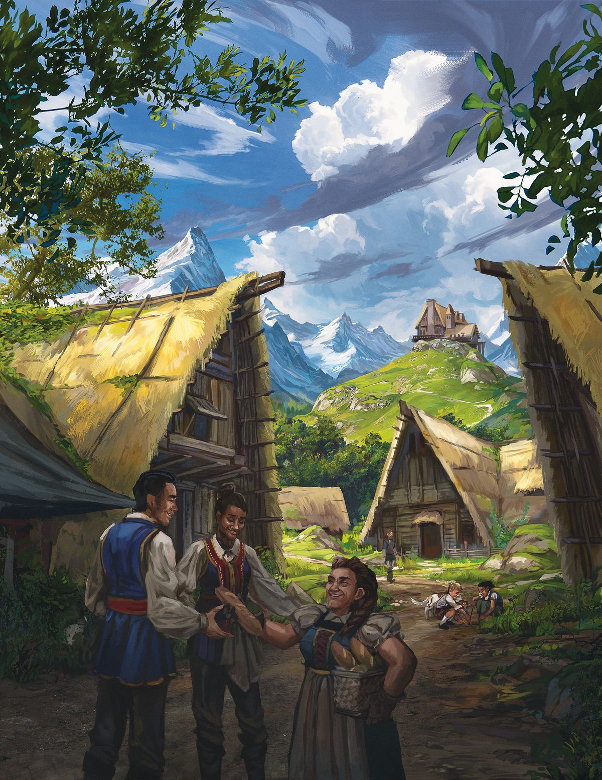 A mountain town nestled in a valley. Two men receive bread from a dwarf women in the foreground. The sky is blue. Key art from D&amp;D’s Phandelver and Below.
