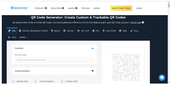 Welcome page by Beaconstac offering multiple solutions and a QR code generator