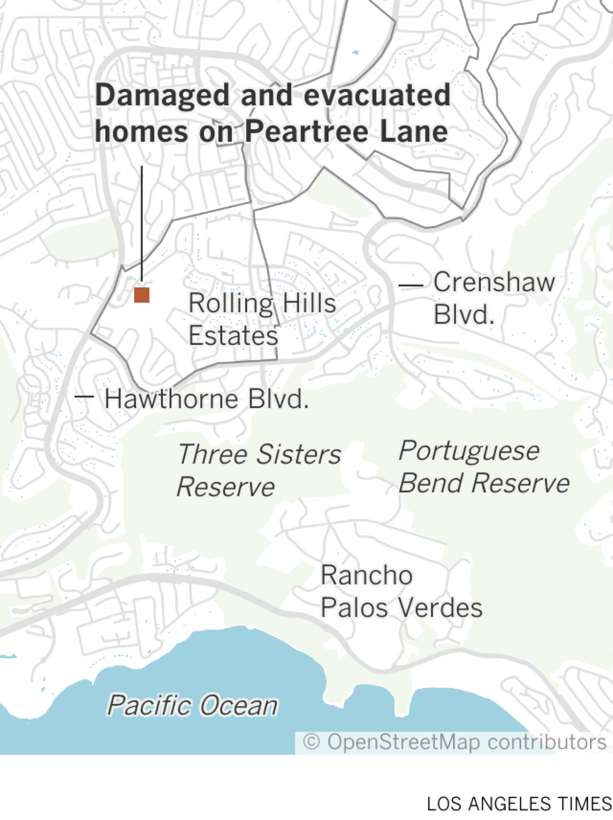 Map showing the location of Peartree Lane in Rolling Hills Estates, where homes are sliding into a ravine