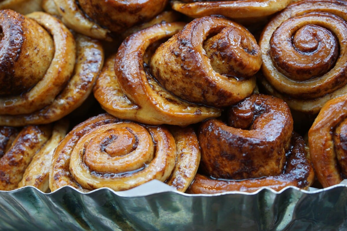 close up of freshly baked cinnamon rolls