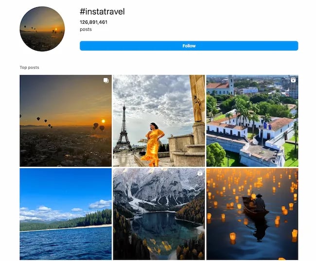 Instagram Hashtags example, travel