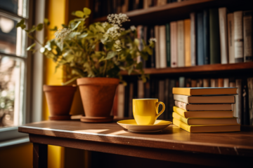 En liten gul bok i hjørnebokhyllen på en kaffebar av @ttunguz