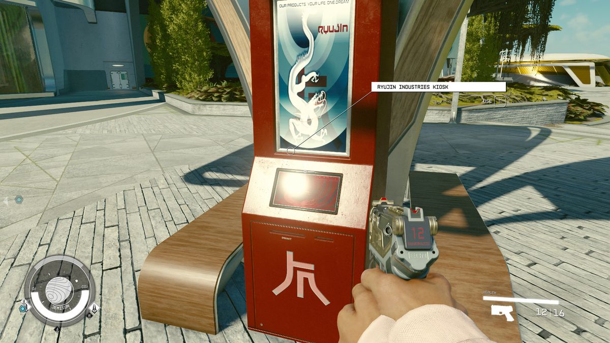 An explorer looks at a red Ryujin Industries kiosk in New Atlantis in Starfield while trying to join a faction.