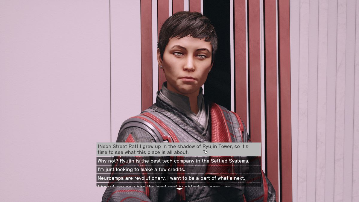 A Ryujin Industries operative talks to Imelde in Neon to join the best faction in Starfield.
