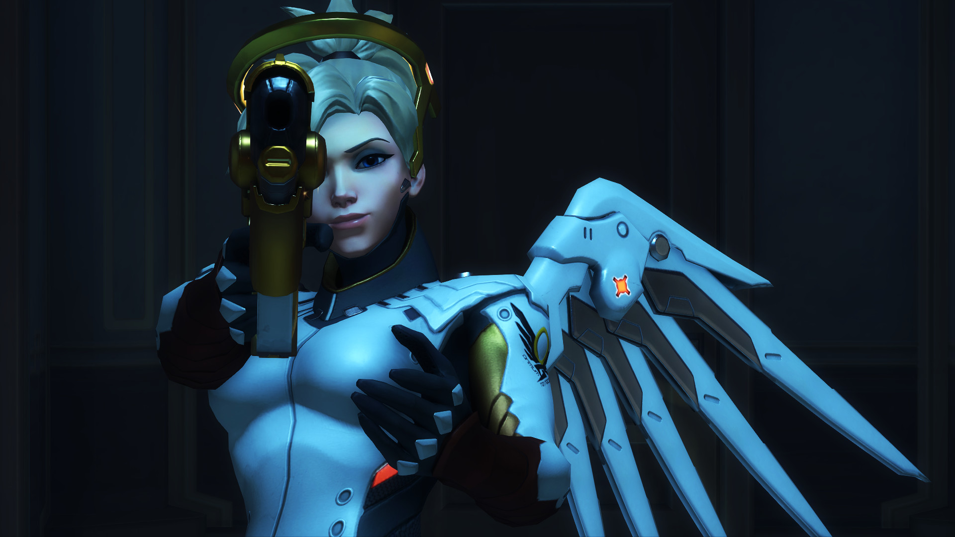 Mercy aims a golden gun down the sights in Overwatch