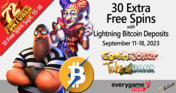 Everygame Poker ให้รางวัล 30 ฟรีสปินเพิ่มเติมสำหรับการฝาก Lightning Bitcoin ในสองสล็อตยอดนิยม