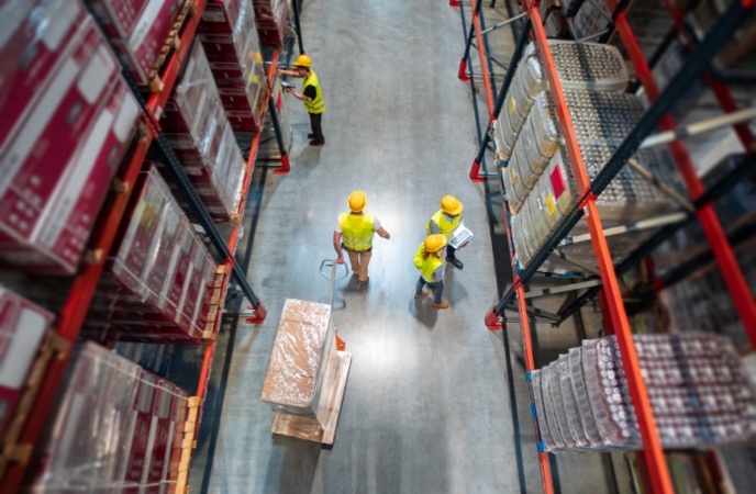 Employees performing different warehouse activities