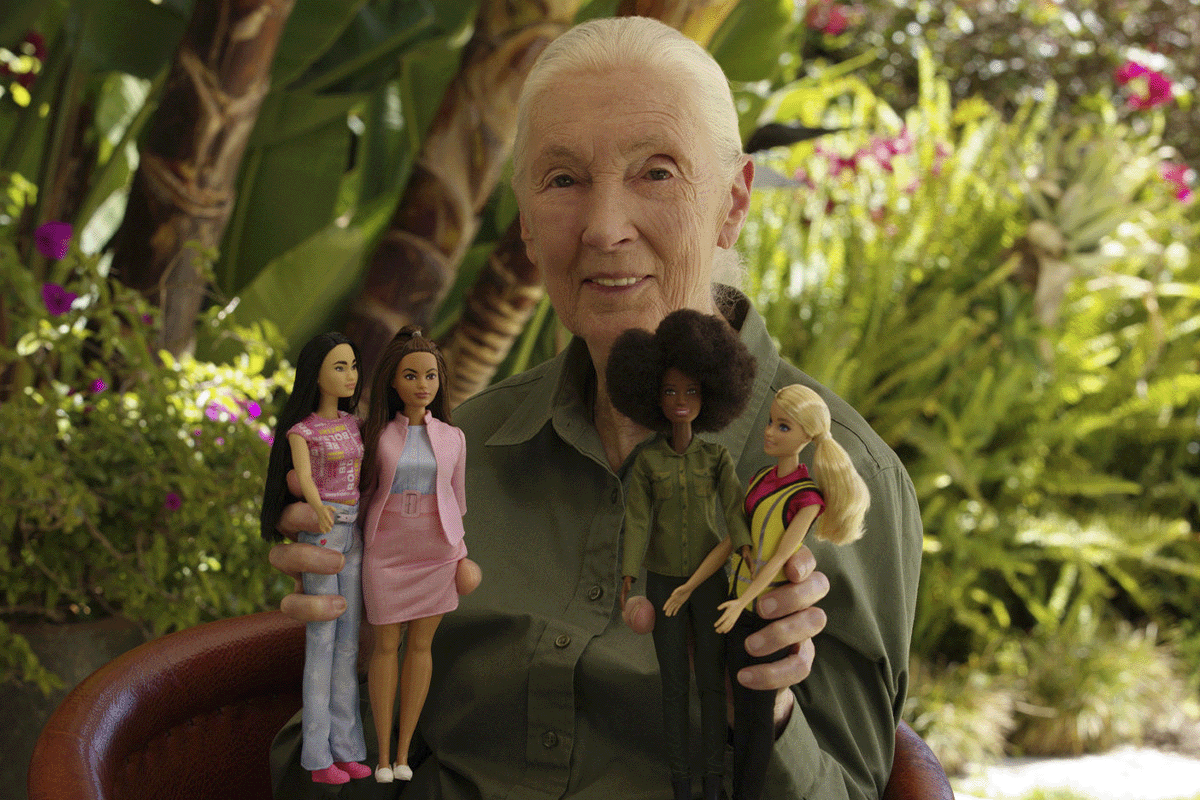 Barbie proves plastic is no longer fantastic_Dr Jane Goodall holding the whole set of Eco-Leadership Team Barbies_visual 2