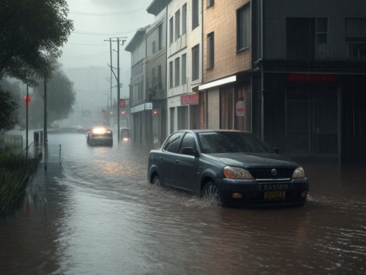 Flooded street with a grey car driving through. Behind it are houses and store signs.