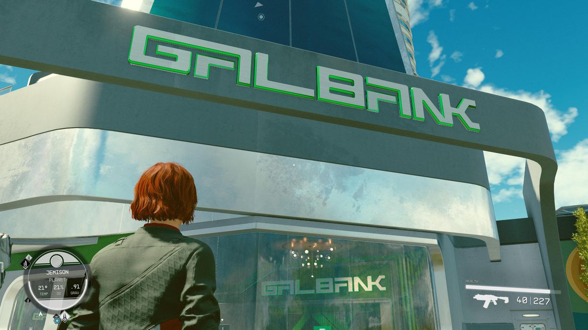 An explorer stands outside Galbank in New Atlantis in Starfield while trying to pay off the Dream Home trait.