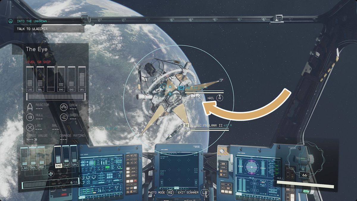 Starfield ship approaching The Eye with the dock option highlighted