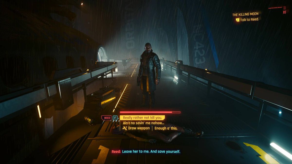 Solomon Reed stands on a bridge in the rain during one of the endings to Cyberpunk 2077 Phantom Liberty.