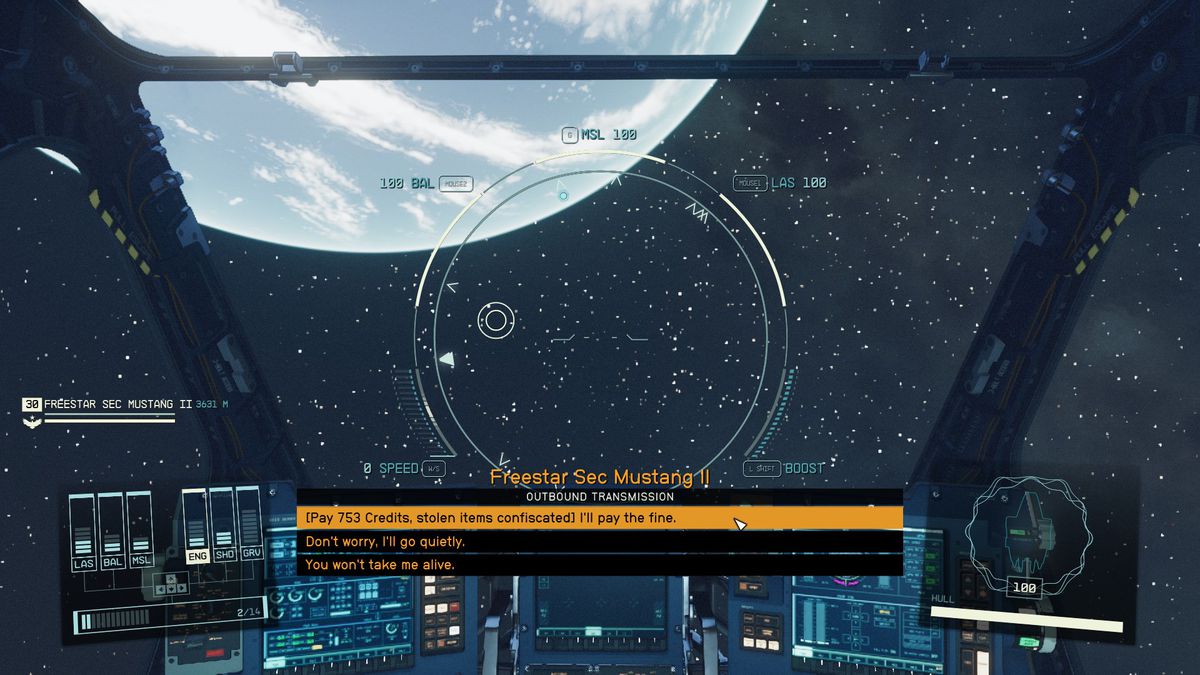 A Starfield cockpit view shows where the player is prompted to pay a fine or go to jail from a Freestar Collective officer