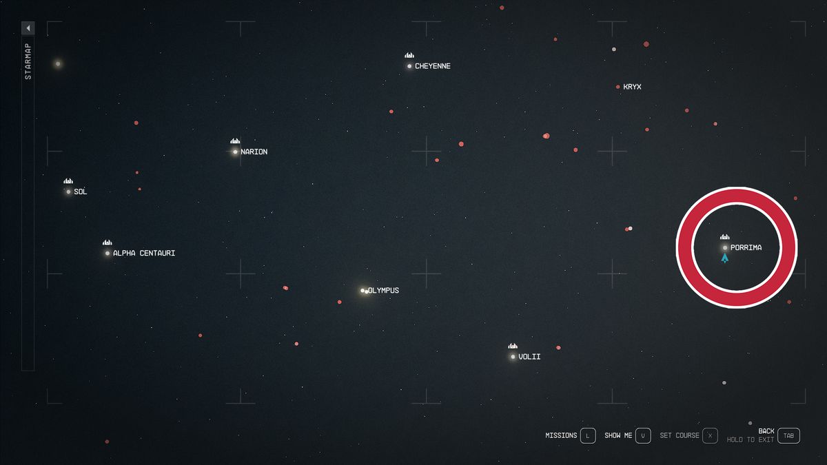 A big red circle highlights the Porrima system in Starfield, to the right of all the beginner areas.