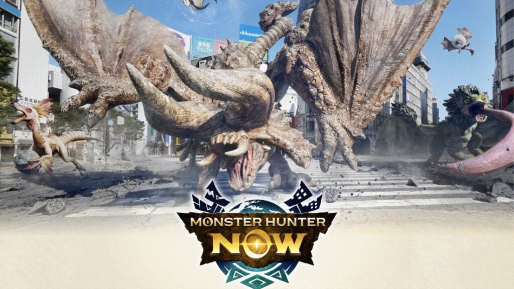 Feature image for our Monster Hunter Now codes guide. It shows a promo image of several large monsters wrecking a road crossing in a city.