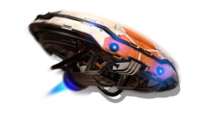 Artwork of No Man's Sky's HoverDroid companion - basically a flying orange and white Roomba with electronic eyes.