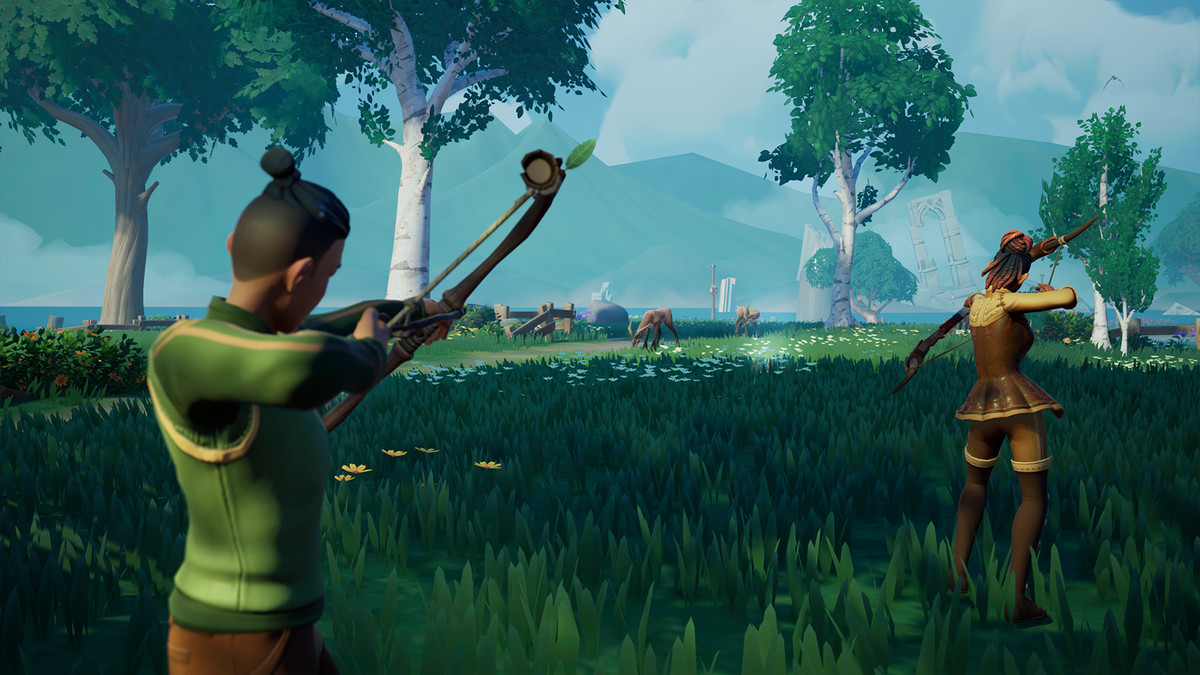 Players in Palia work together to hunt Sernuk, deer-like creatures, in a verdant green plain.