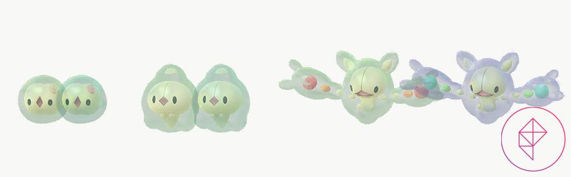 Shiny Solosis, Duosion, and Reuniclus in Pokémon Go. Solosis and Duosion are a slightly darker green and Reuniclus gets a blue gel around it with green features. 