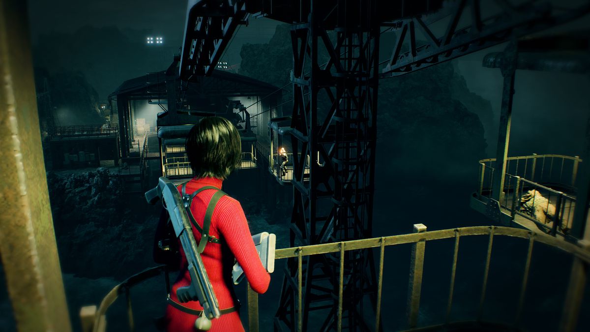 Ada Wong rides a cable car while facing a series of enemies in Resident Evil 4 Separate Ways
