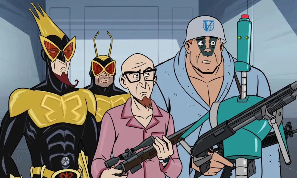 The Monarch, Henchmen 21, Doctor Venture, Sergeant Hatred, and HELPer holding a shotgun in a elevator in The Venture Bros.: Radiant is the Blood of the Baboon Heart.