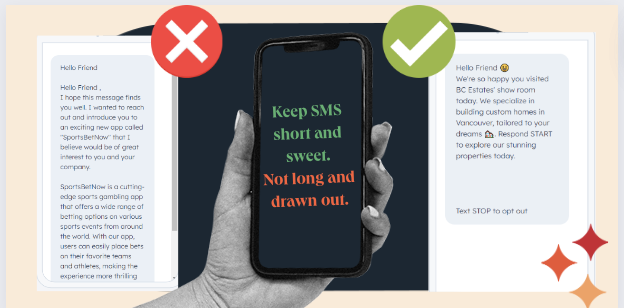 Image comparing a poorly written long drawn out SMS vs. a good quality, concise, and short SMS campaign