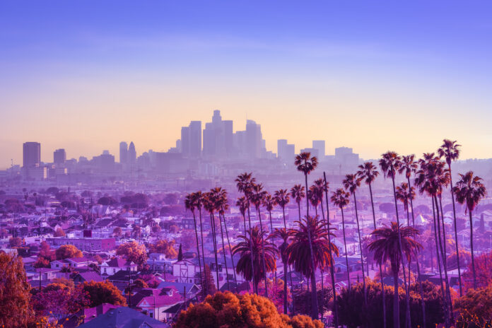 Los Angeles skyline with downtown and palm trees