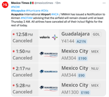 Acapulco International Airport is closed due to Category 5 Hurricane Otis
