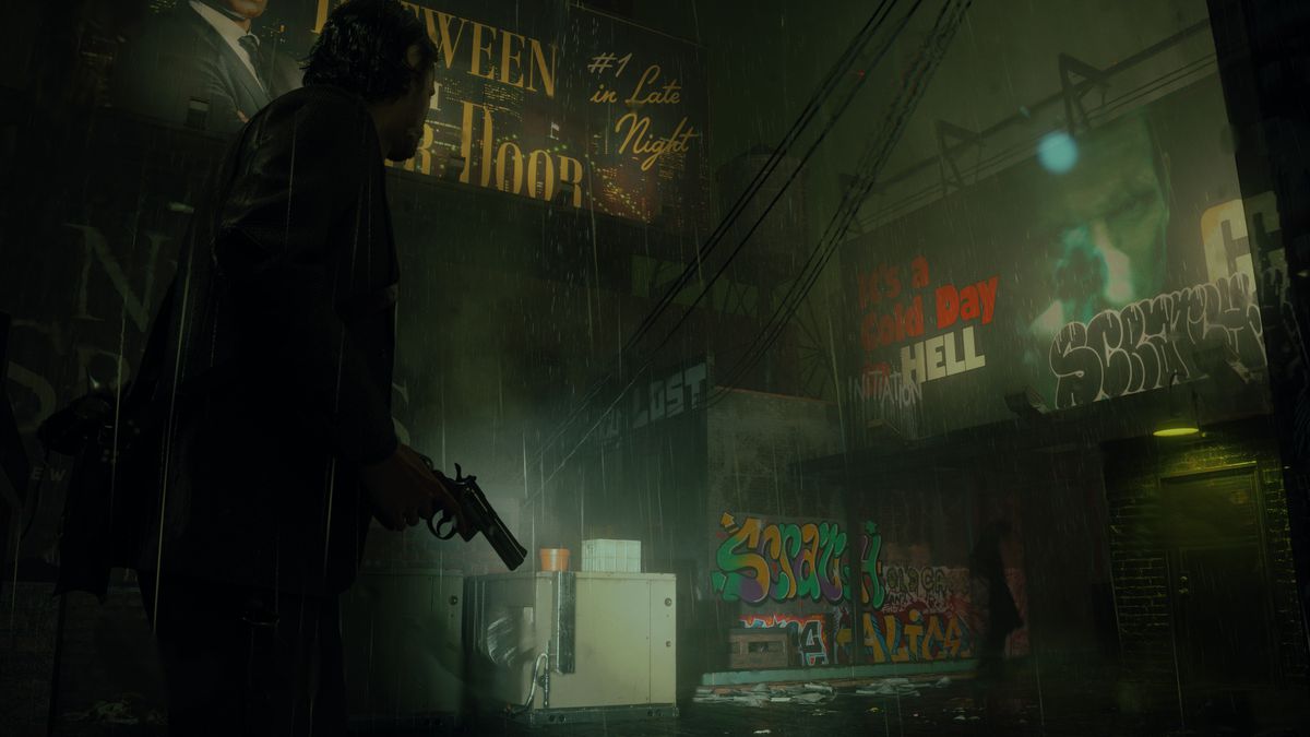 Alan Wake holding a flashlight and pistol on a dark urban rooftop surrounded by billboards defaced by ominous graffiti in Alan Wake 2.
