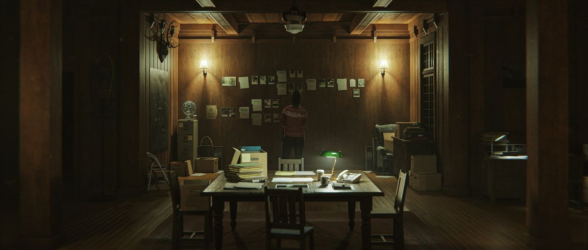 Saga Anderson standing in front of the case board in her mind place in Alan Wake 2.