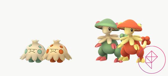 Shroomish and Breloom with their shiny forms in Pokémon Go. Both turn an orange-red instead of green.