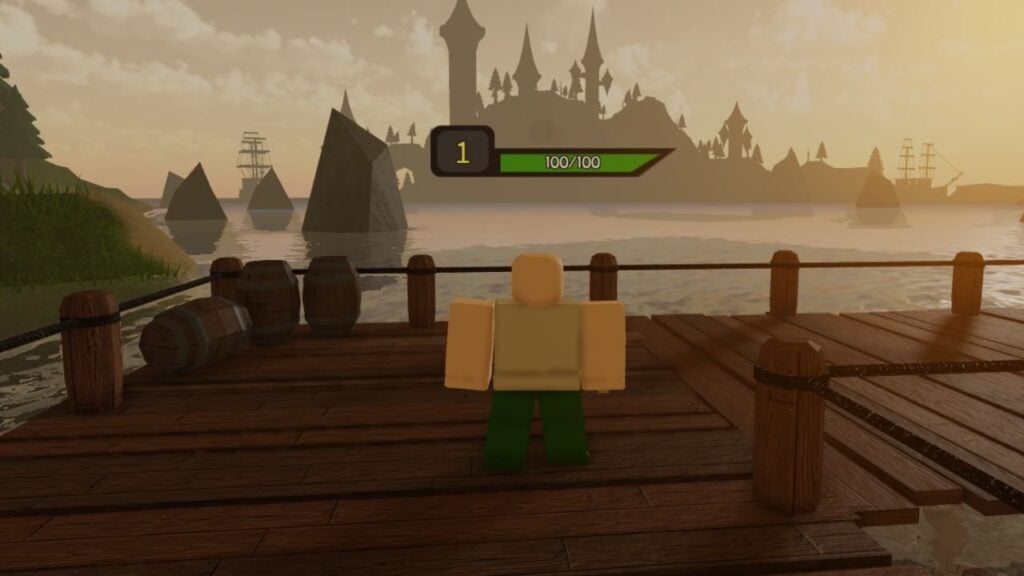 Feature image for our Dragon Quest codes guide. It shows a Roblox player character in-game, standing on a dock looking toward a castle on a mountain in the distance across the water.