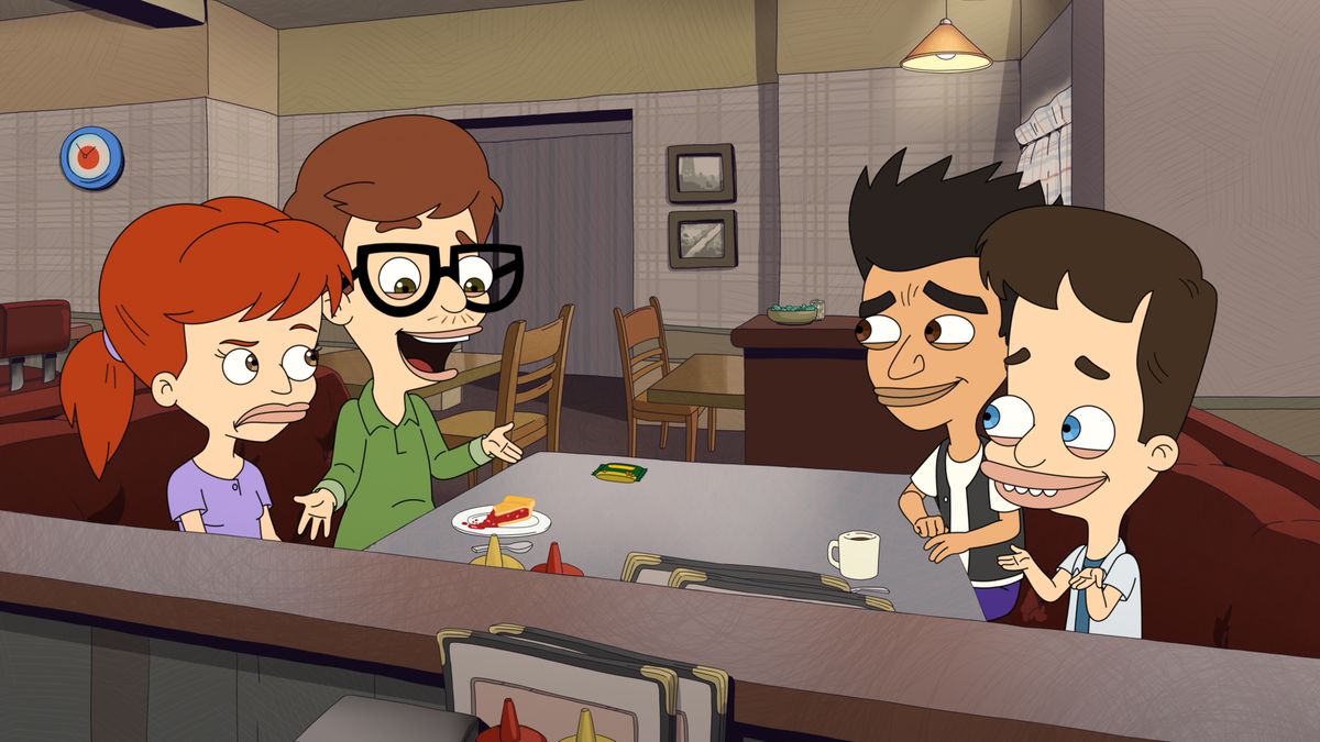 《大嘴》中，四个笨拙的青少年围坐在一张桌子旁。