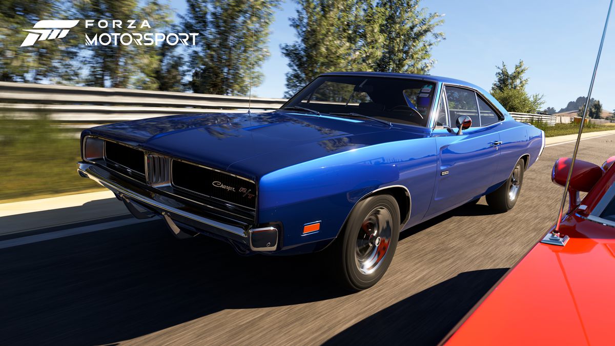 Koyu mavi renkli klasik bir Dodge Challenger, Forza Motorsport'ta geziniyor