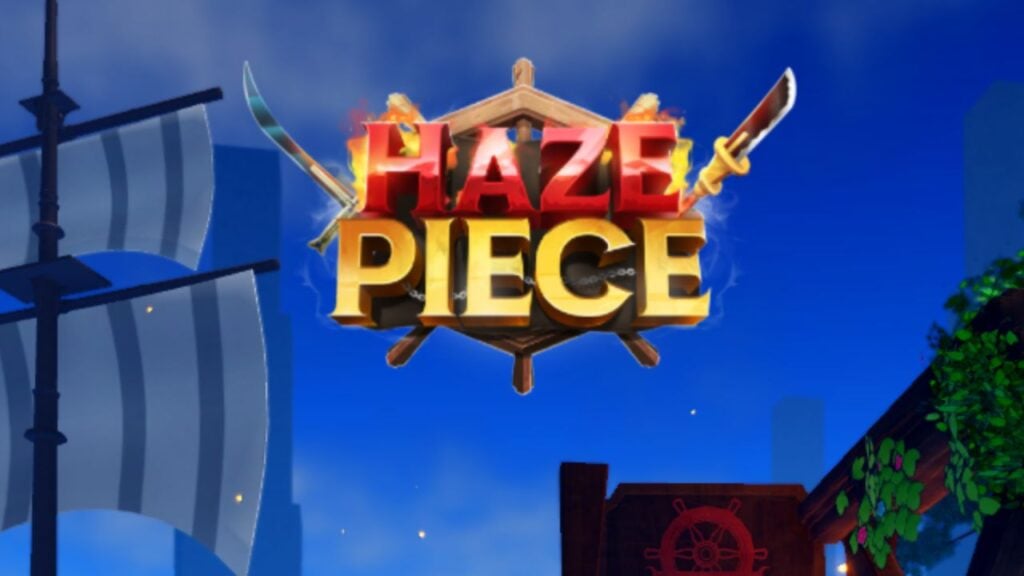 Feature image for our Haze Piece sword tier list. It shows the title screen with a blue sky, a sailing ship, and the game's logo with a ship's wheel and crossed swords.
