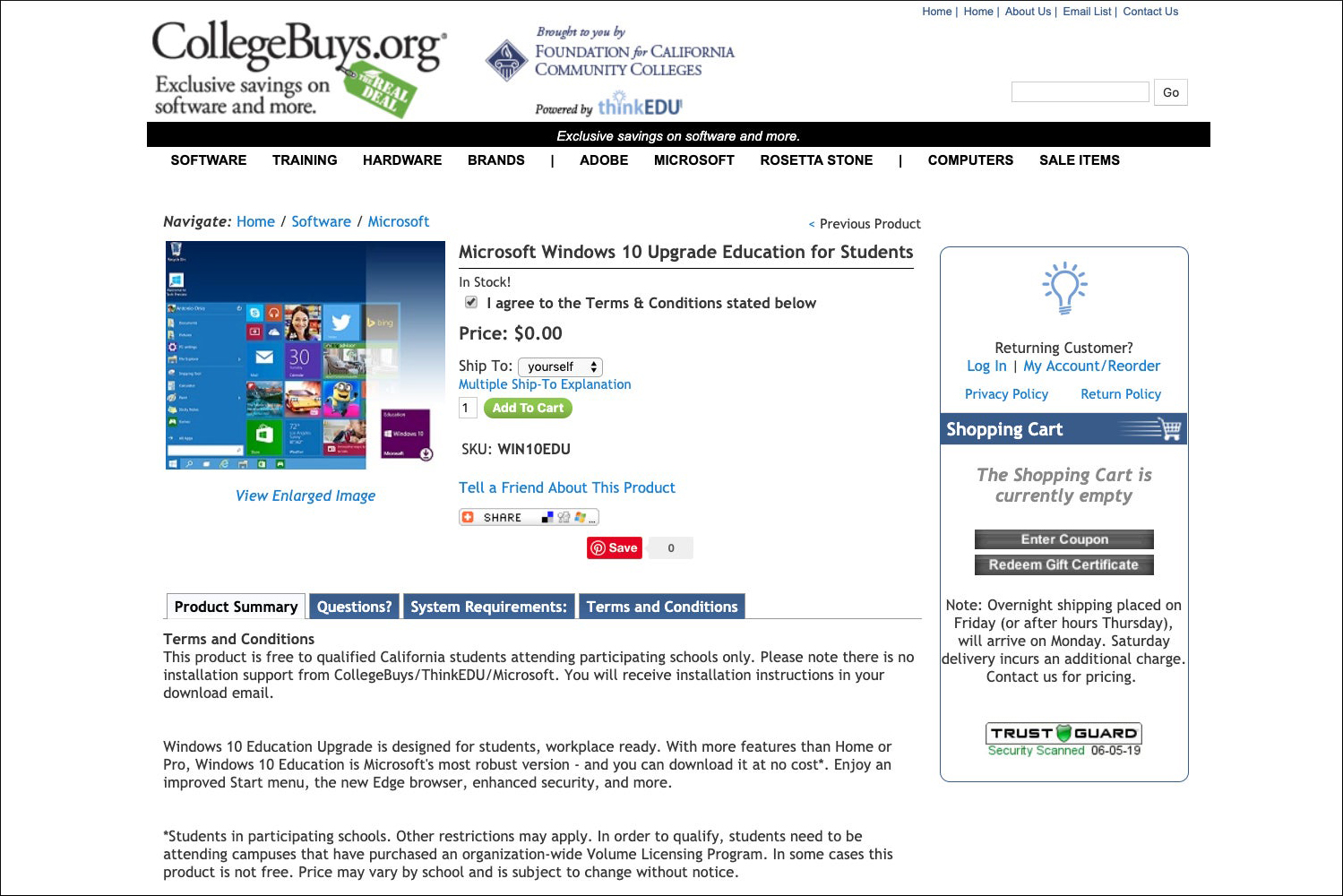 CollegeBuys.org の Windows 10 Education ライセンスのスクリーンショット