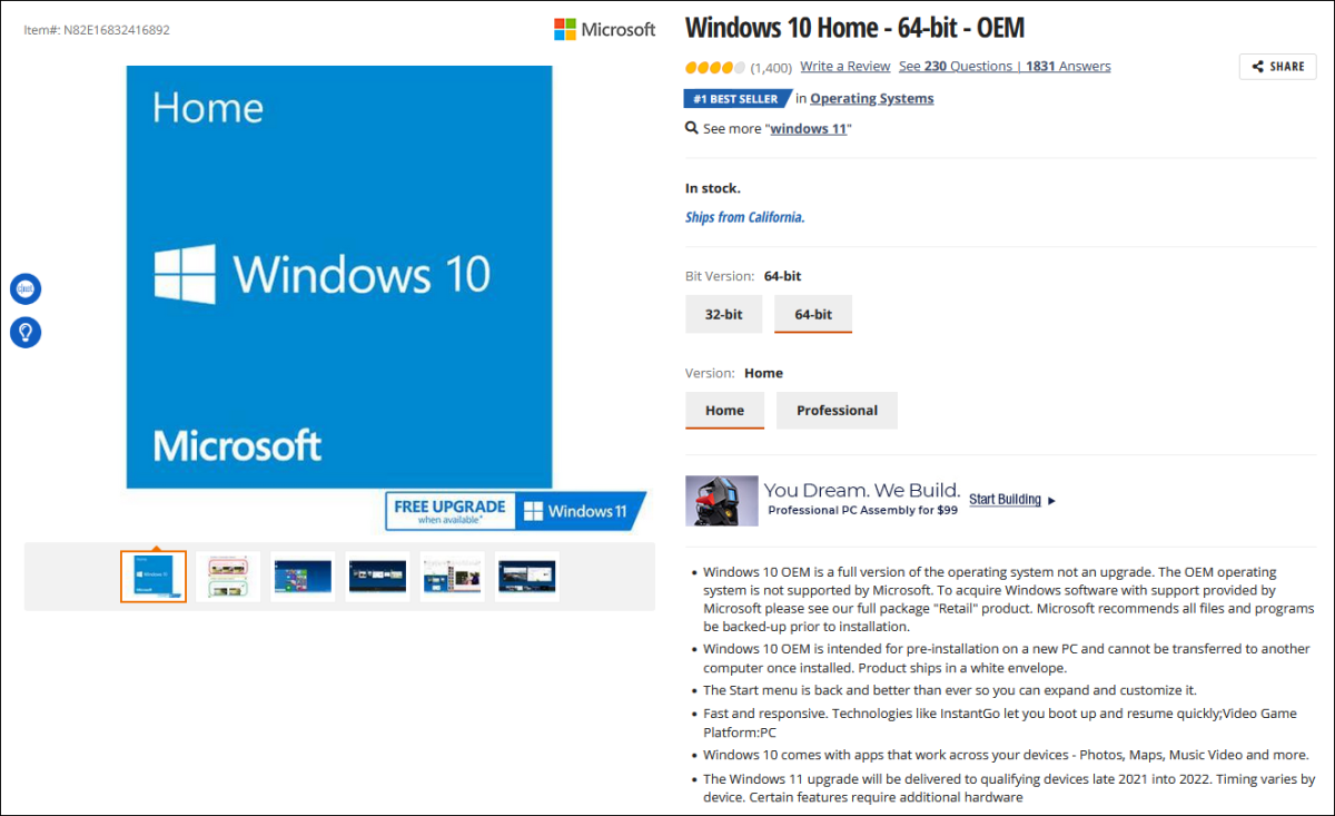 Windows 10 Home 64 ビット OEM が Newegg に掲載