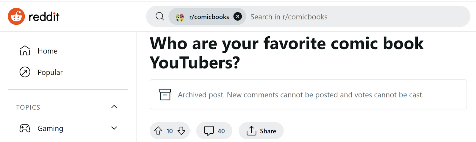 screen shot of reddit thread asking users their favorite youtube comic book channels