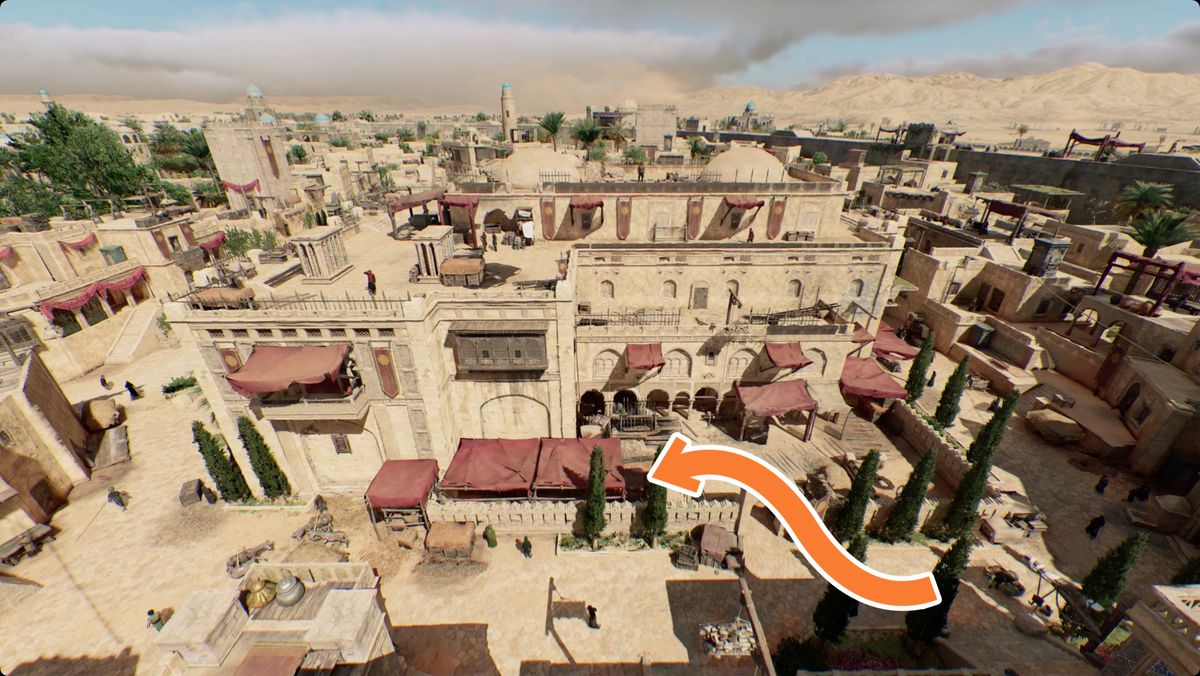 Assassin’s Creed Mirage image showing the location of the Just Rewards Enigma treasure