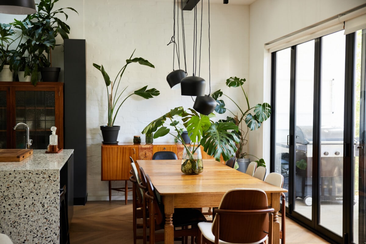 Tuolit ja ruokapöytä, jossa on kasvi, istuu lasiovien vieressä modernissa avoimessa kodissa