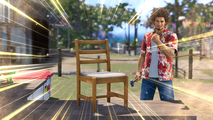 A man in a Hawaiian shirt clenches a fist while he holds a hammer in the other. He looks proudly at a wooden chair he has just made