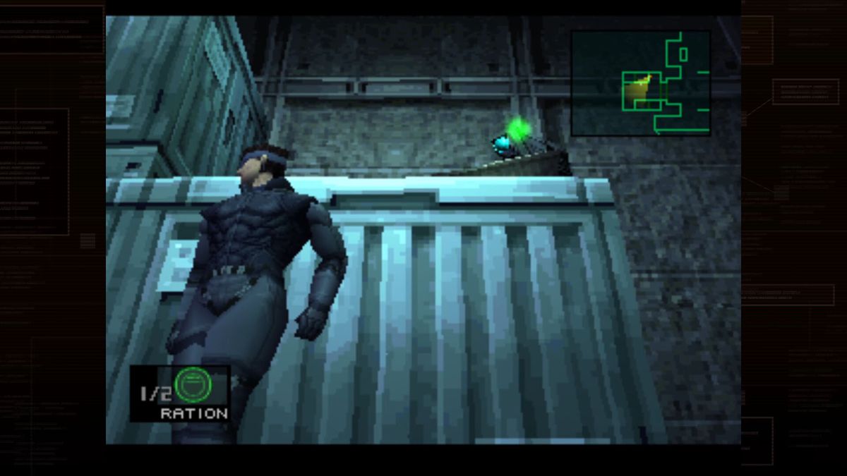 Snake leans against a metal container in Metal Gear Solid