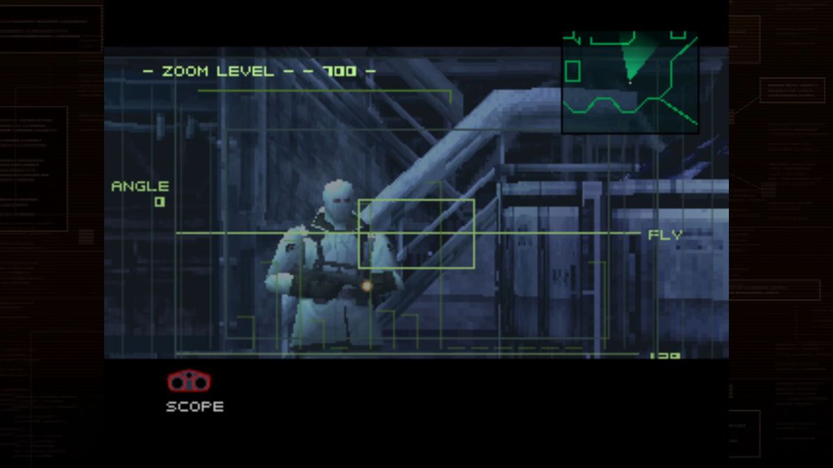 A screenshot of the scope sights in Metal Gear Solid zoomed in on an enemy