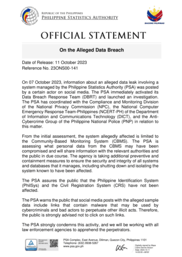 데이터 유출 혐의에 대한 필리핀 통계청 성명서