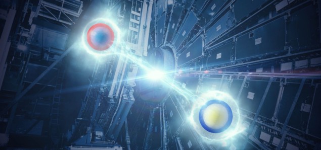 An artist's impression of top-quark entanglement, showing glowing connected particles against a background of the ATLAS detector at CERN