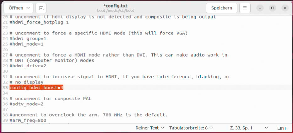 Ein Texteditor genügt: Wie im Falle der Signalverstärkung am HDMI-Anschluss können Sie viel Feintuning in the Konfigurationsdateien erledigen.